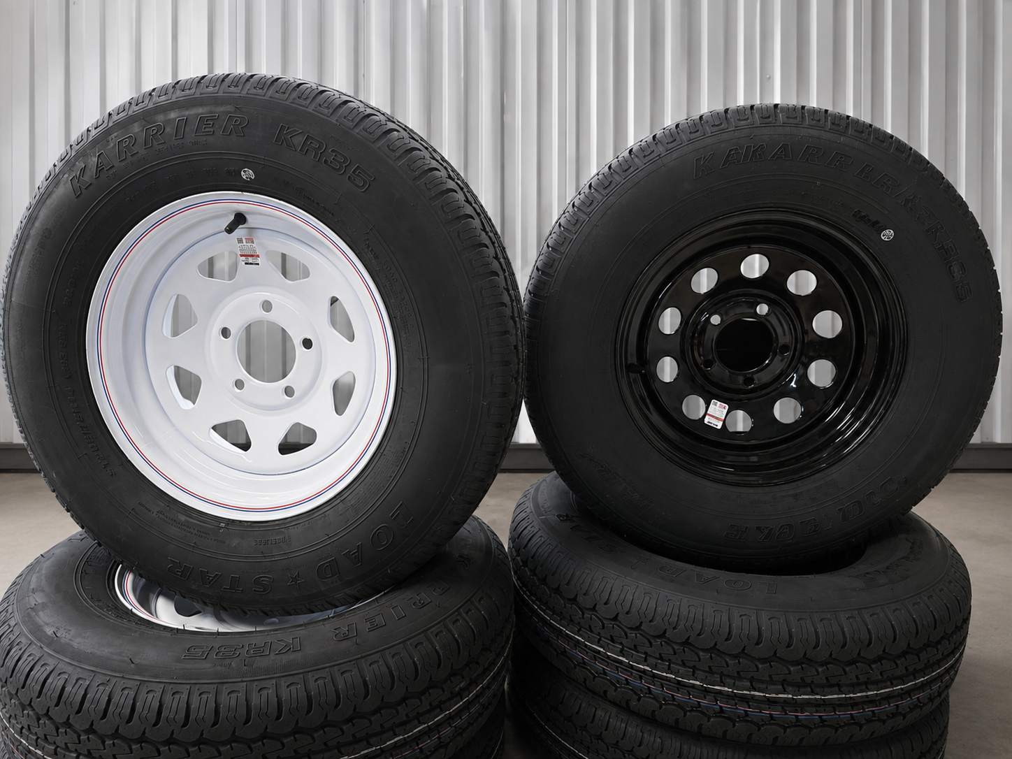 Trailer tires on spoke and modular wheels stocked at Madison Trailer Rentals