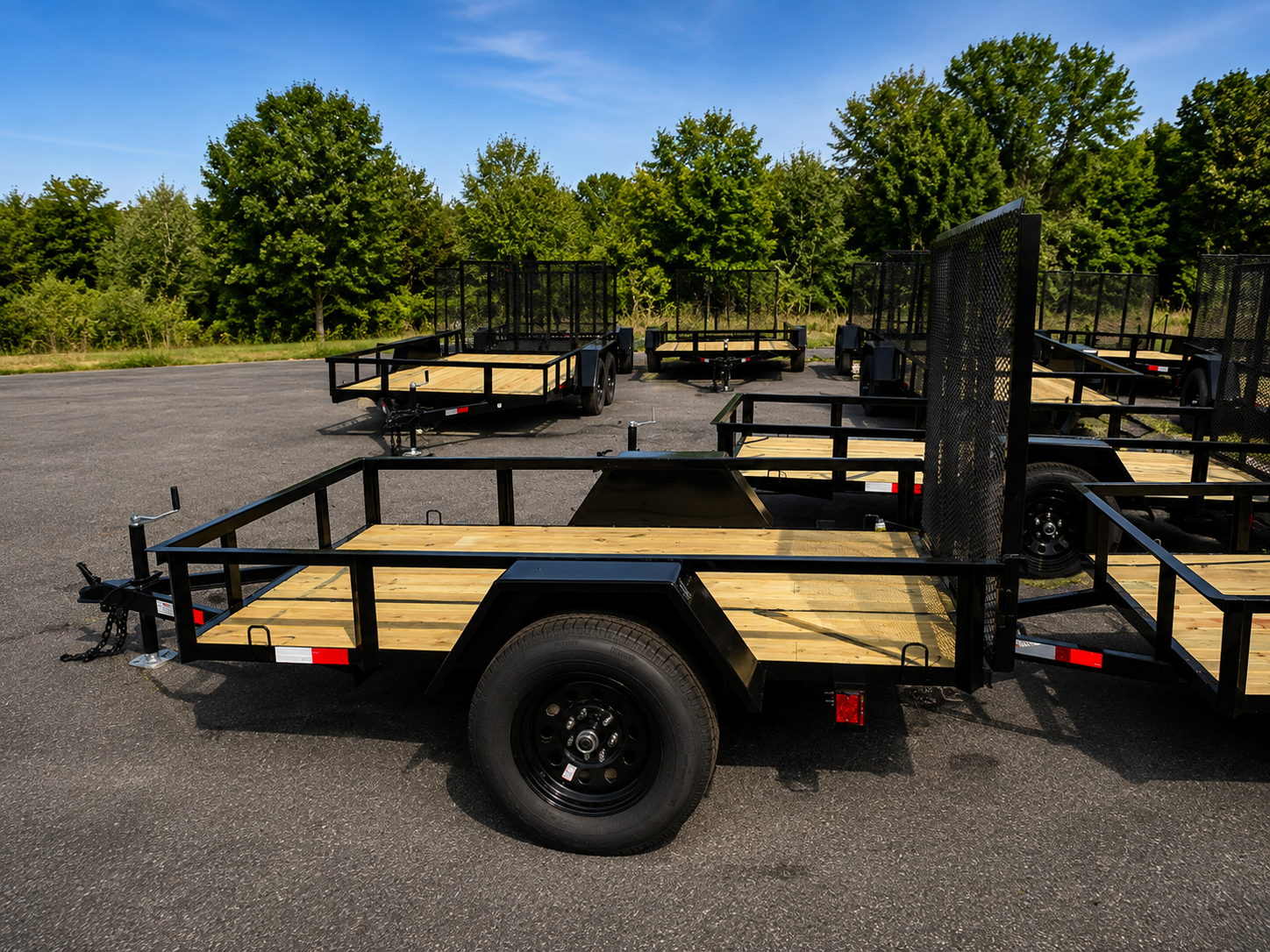 A lineup of black-frame AJ utility trailers with wood decks parked at Madison Trailer Rentals in Hudson, FL
